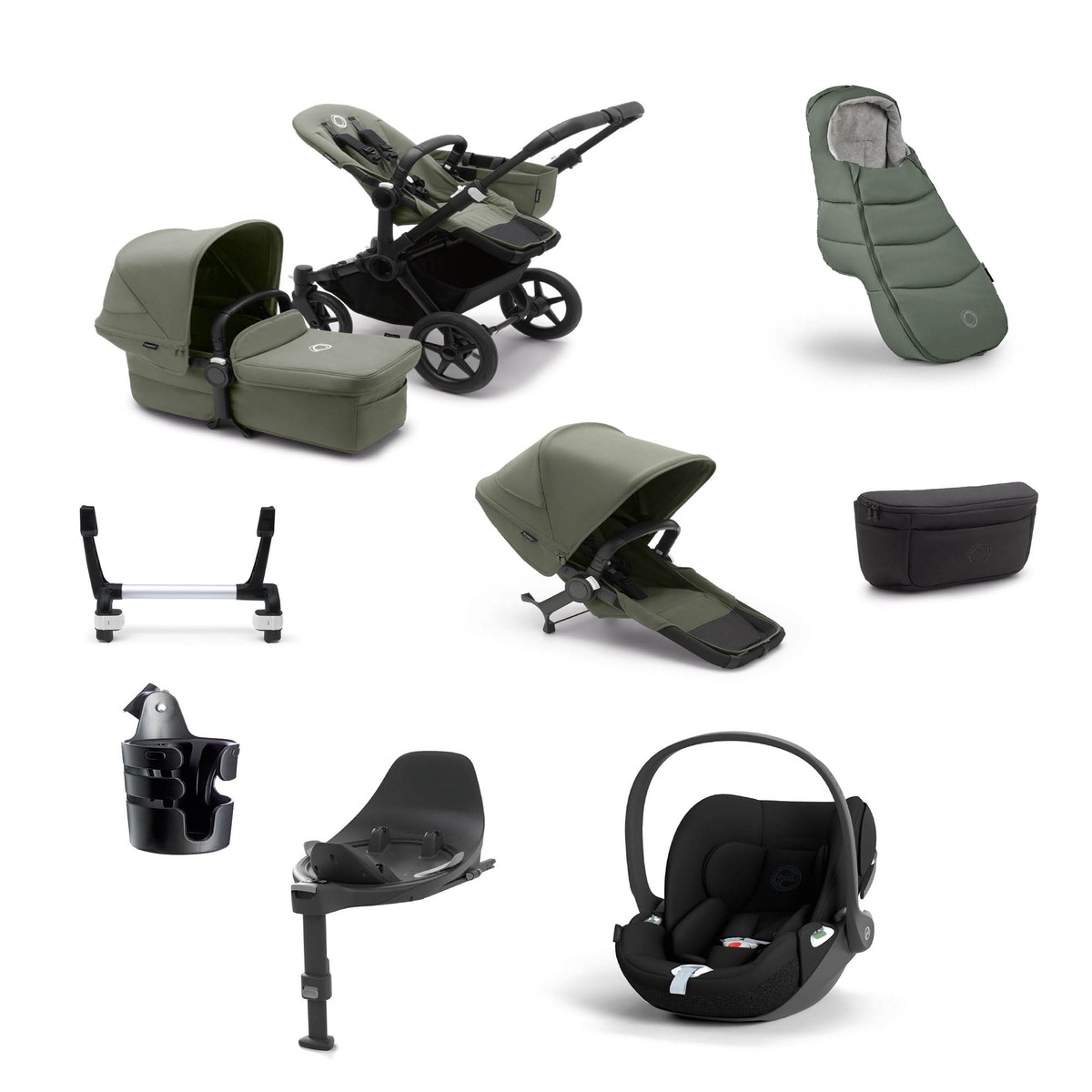 Bugaboo Donkey 5 Mono Complete Pushchair Bundle With Cybex Cloud T I-Size Rotating Baby Car Seat Base - (10 Pieces) - Forest Green