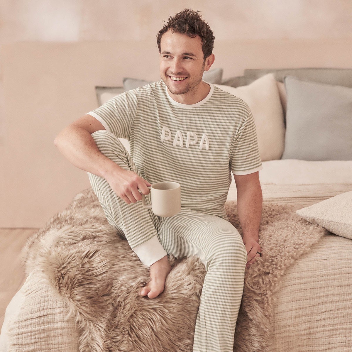 MenS Striped Ribbed Pyjamas SageStripe