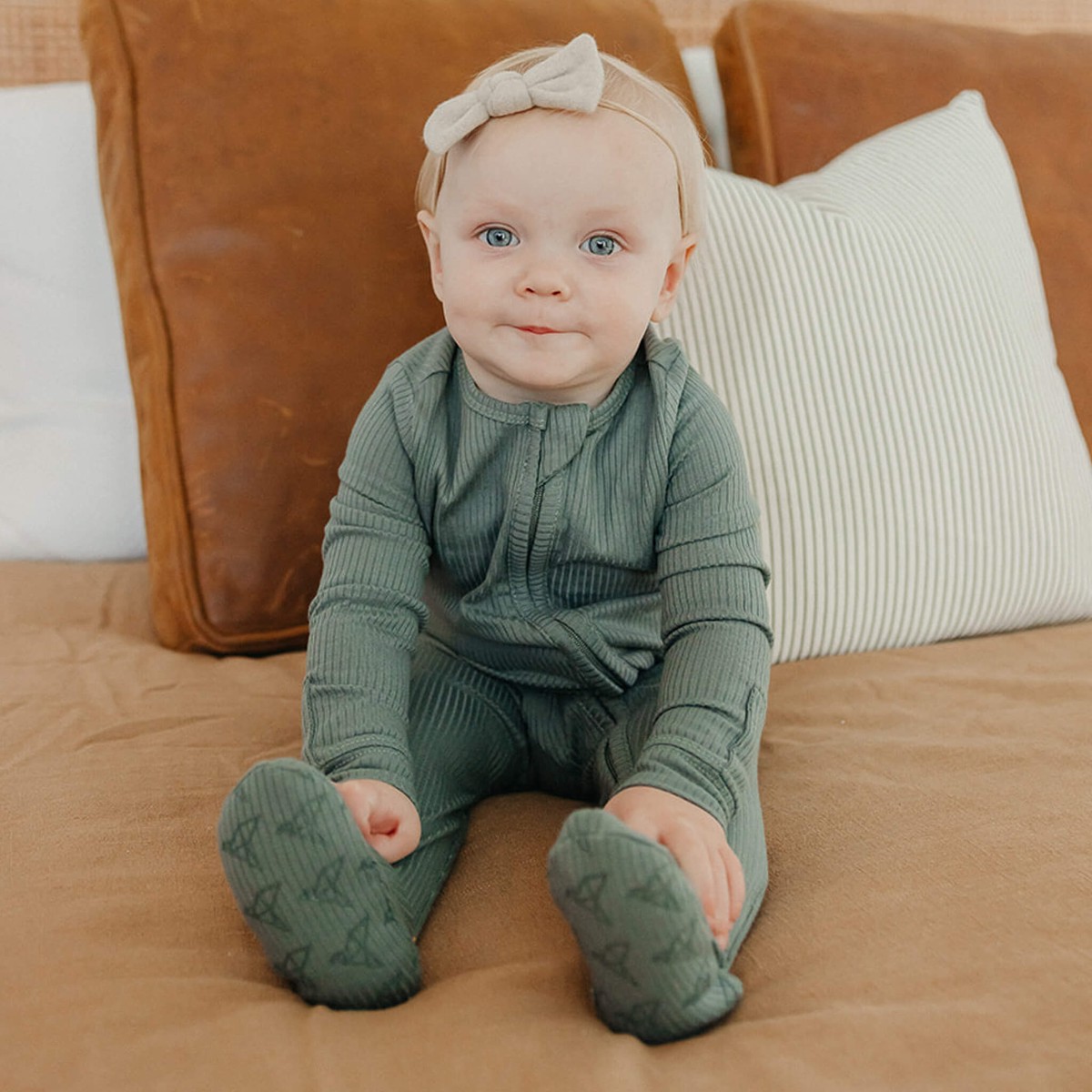 Rib Knit Zip-Up Footie Pajama - Moss Newborn