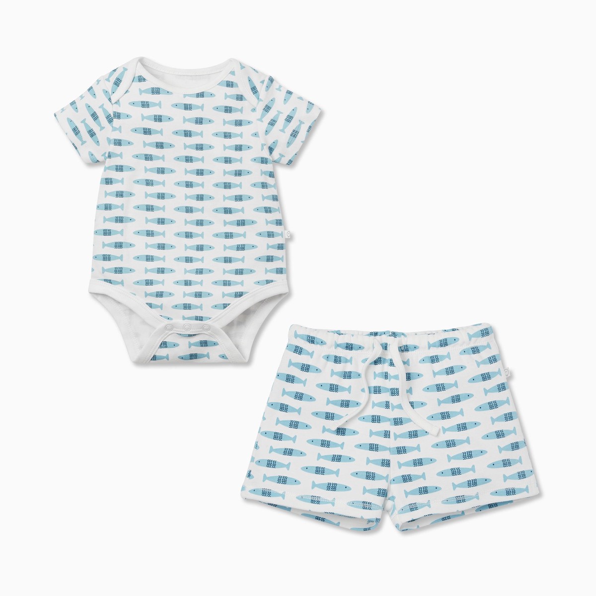 Little Fish Short Sleeve Bodysuit Shorts Outfit BlueWhite