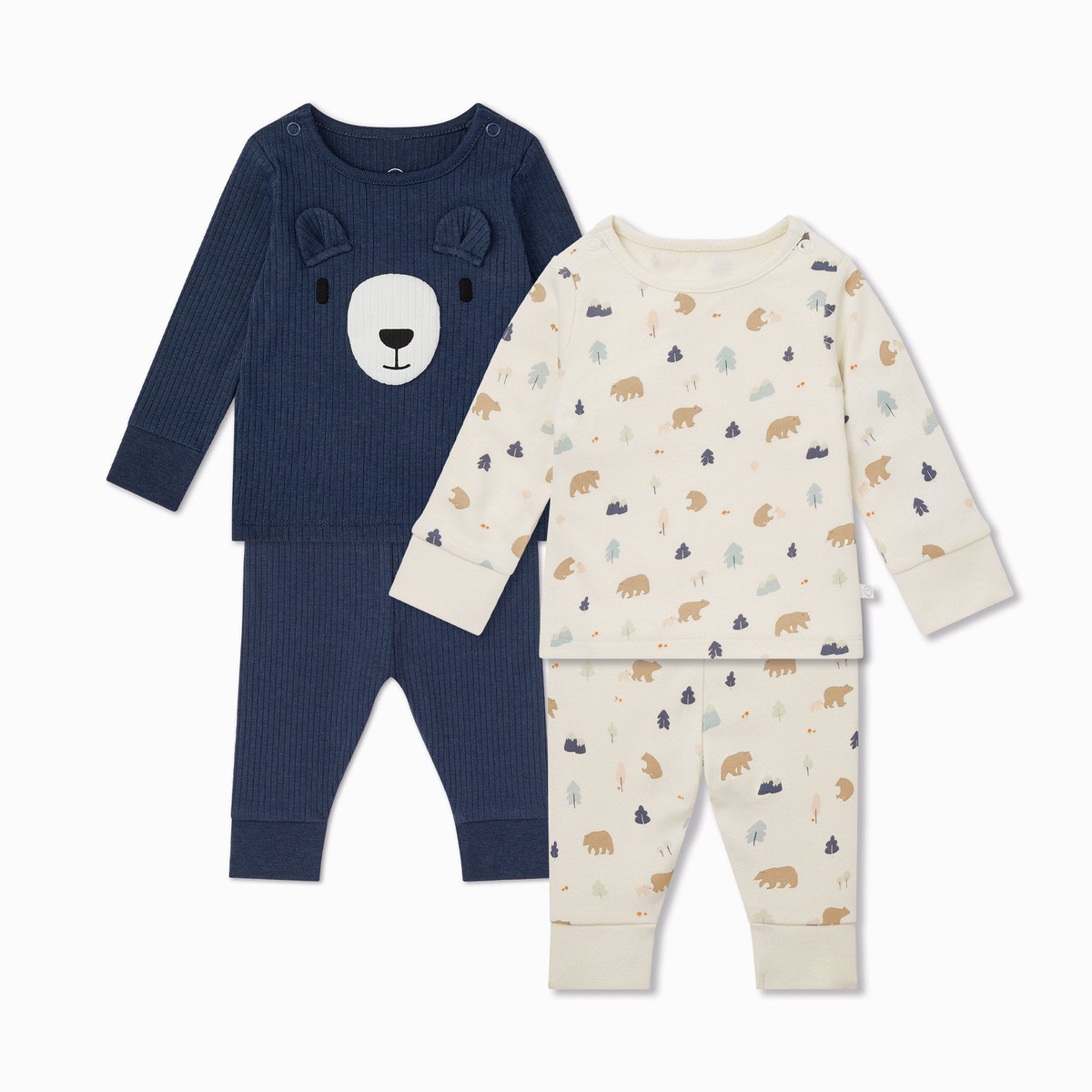 Bear Pyjamas 2 Pack BearPrintRibbedNavy