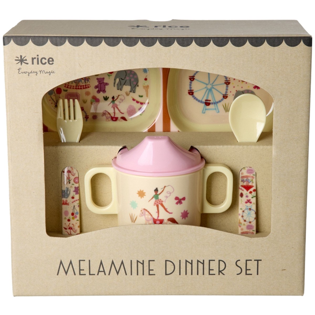 Rice Pink Fun Fair Print Melamine Baby Dinner Set In Gift Box 4 Pc