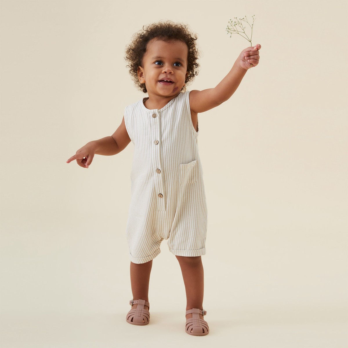 Striped Organic Cotton Beach Romper TaupeStripe